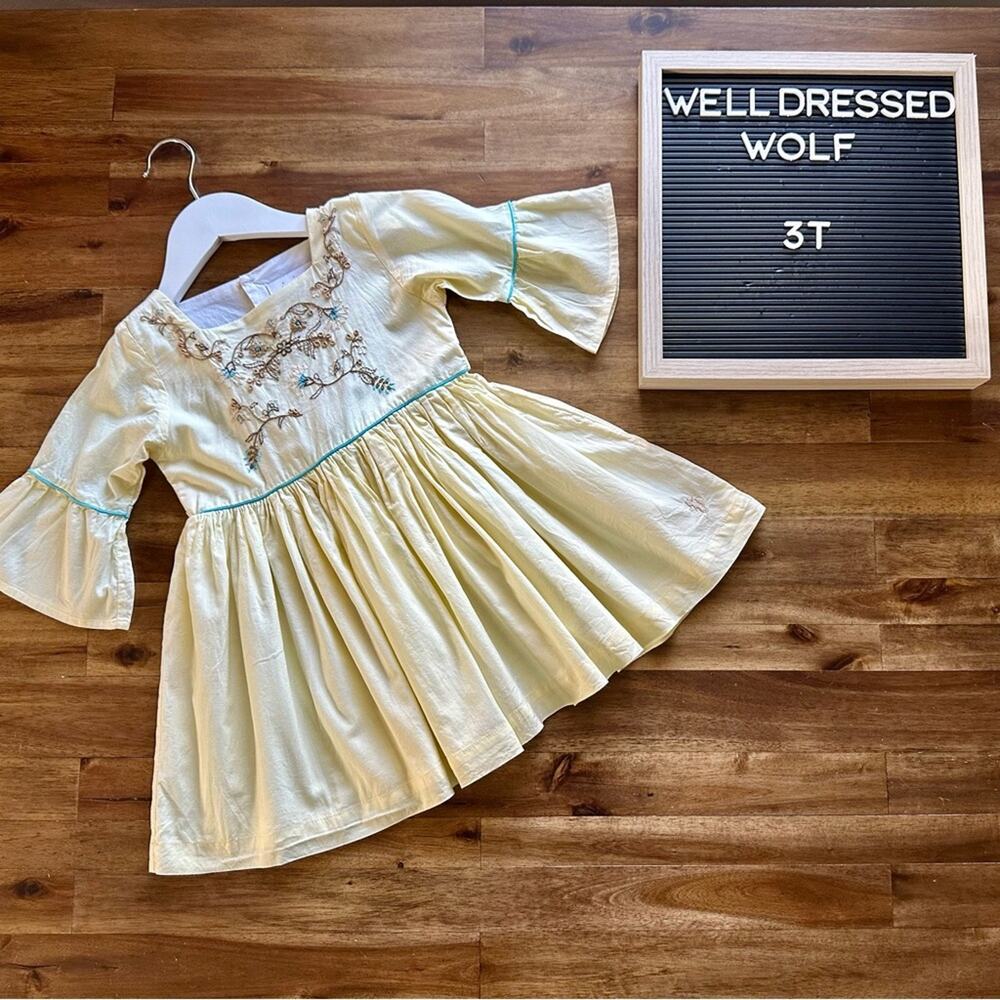 Well Dressed Wolf Pale Yellow Boho Jo Embroidered Short Sleeve Cotton Dress 3T